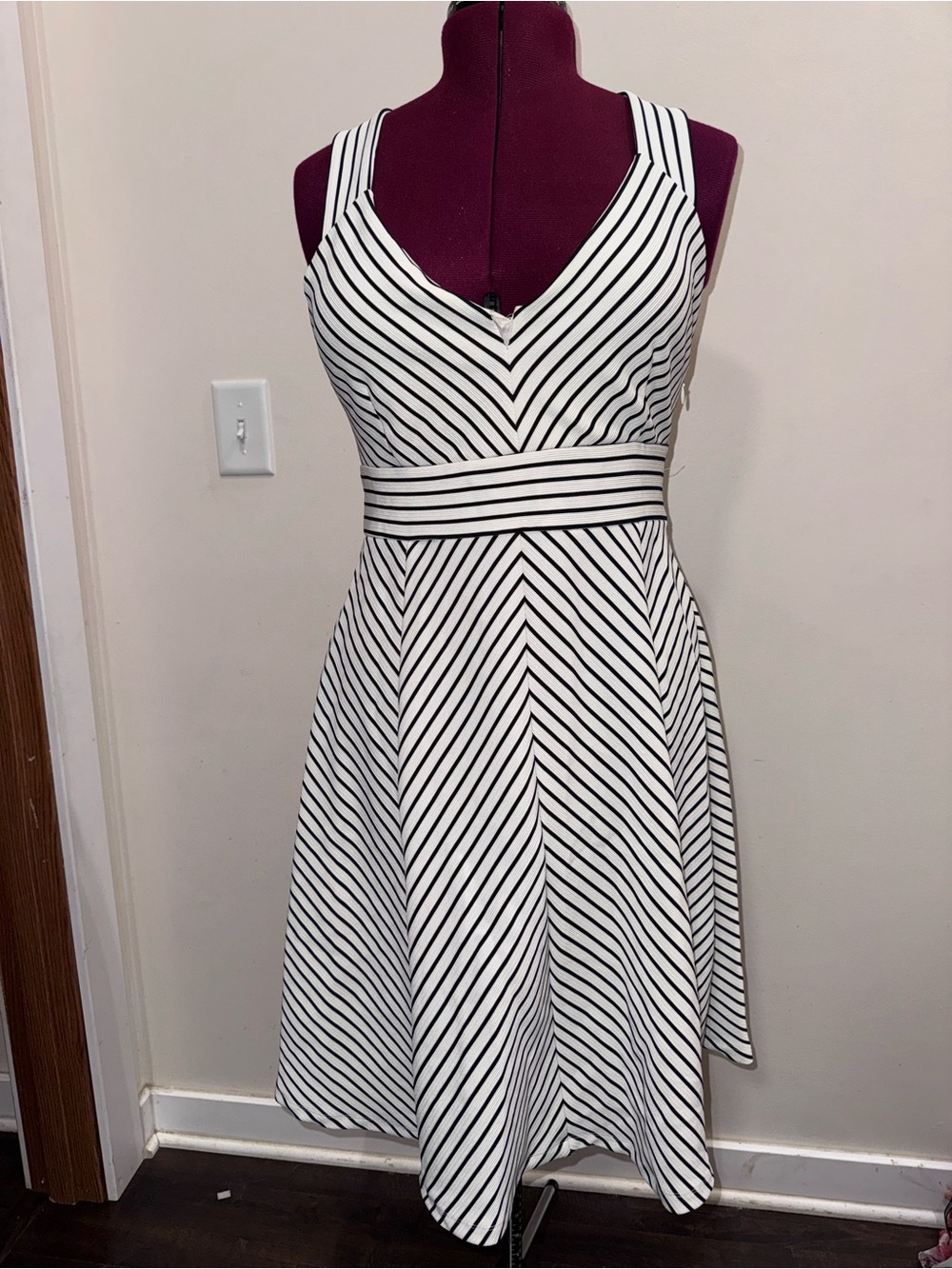 Adrianna Pappel Sleeveless V-Neck Black & White Striped Fit-and-Flare Dress